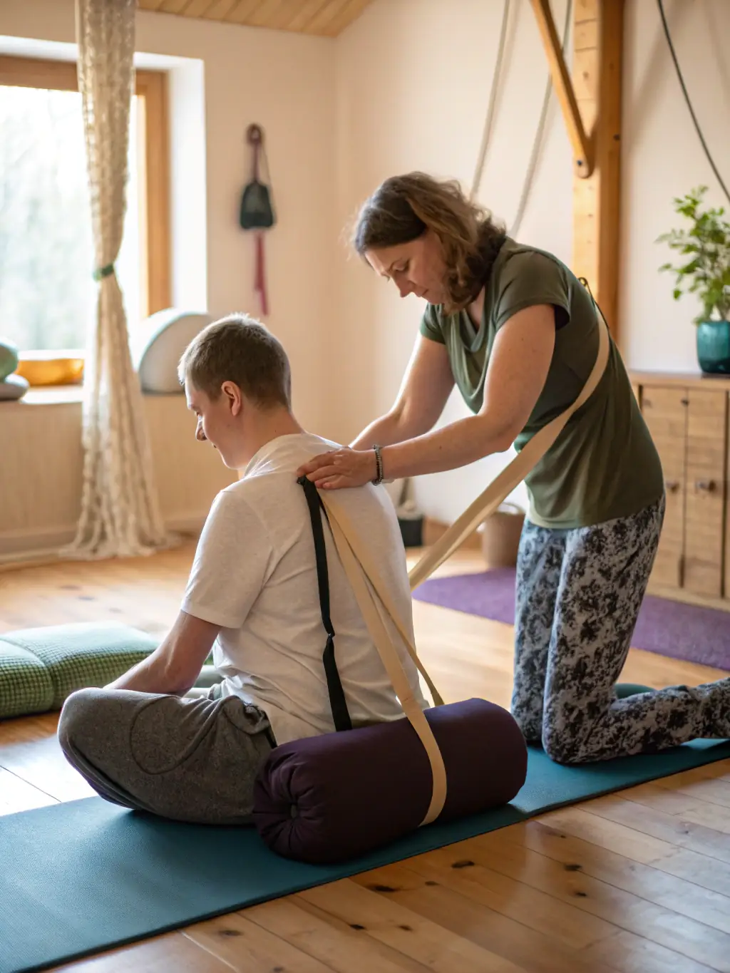 A dynamic image of a Thai Stretching session, showcasing a practitioner assisting a client in a deep stretch, emphasizing the personalized and therapeutic nature of the session.