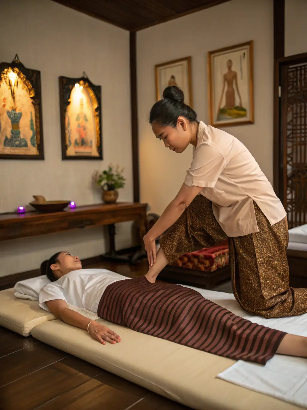 A serene image of a Thai Stretching Session in progress, focusing on a client receiving assisted stretches from a practitioner in a calming studio environment.