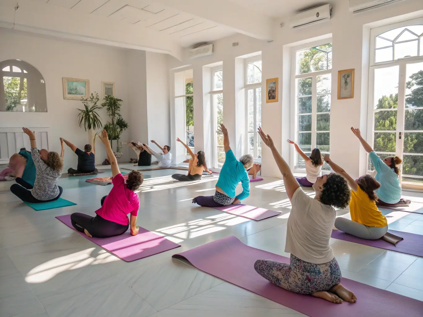 A group of people participating in a Thai yoga class, performing gentle yoga postures with the guidance of an instructor. The atmosphere is relaxed and supportive, with participants of varying ages and fitness levels.