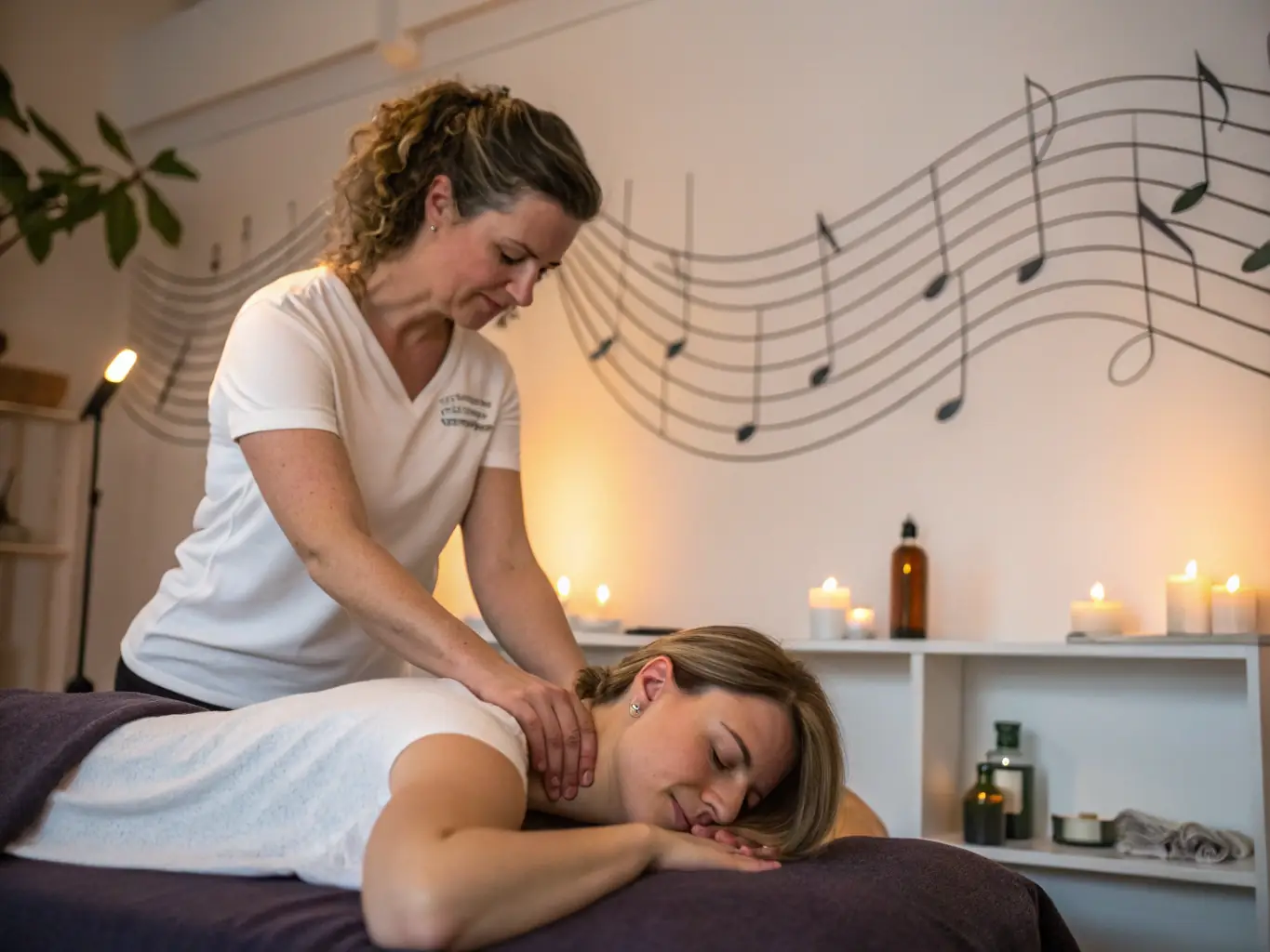 A close-up shot of a practitioner applying acupressure to a client's pressure points during a Thai massage session. The focus is on the practitioner's hands and the client's relaxed expression.