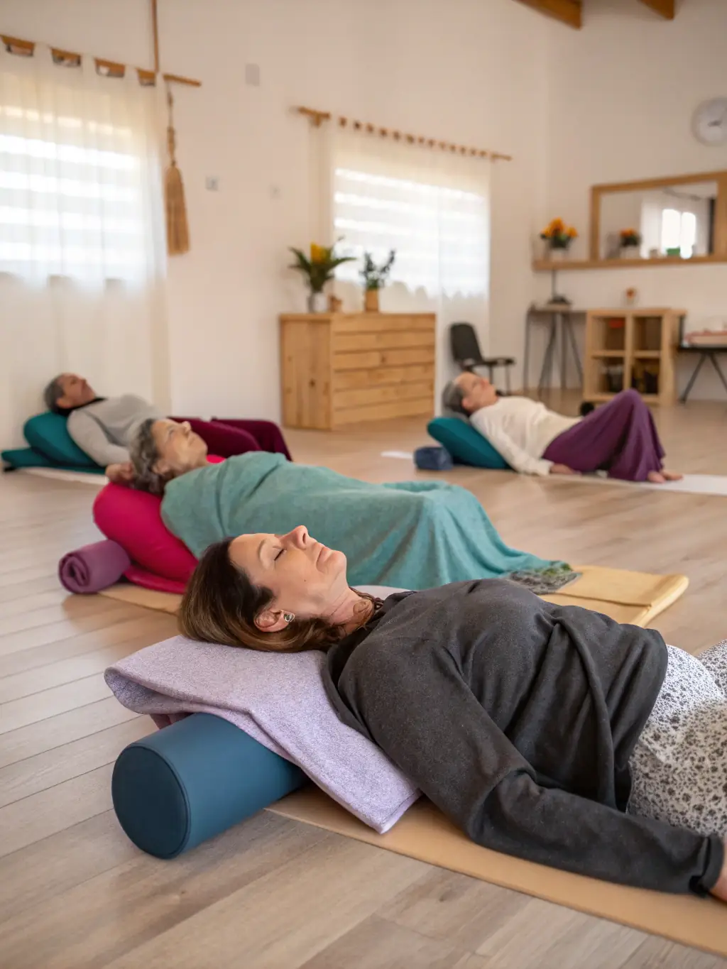 A calming image of a restorative yoga session with Thai elements, featuring participants supported by props in a relaxed setting, emphasizing stress relief and rejuvenation.