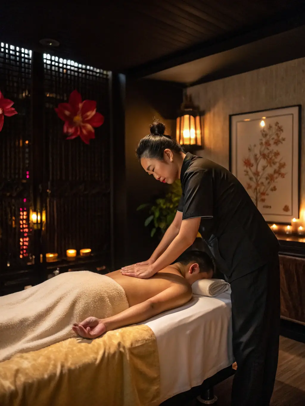 A close-up image of a practitioner's hands gently applying pressure during a Thai massage, emphasizing the therapeutic touch and relaxation aspects.