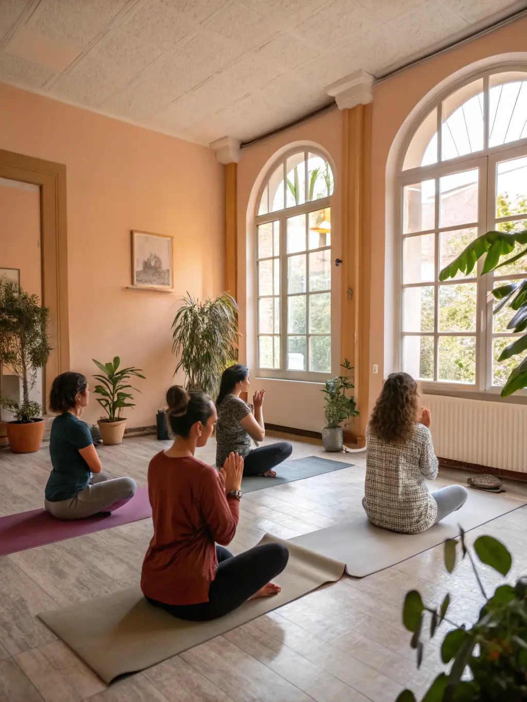 A serene image of participants in a Thai Yoga class, focusing on gentle stretches and mindful breathing, set in a studio with soft lighting and traditional Thai decor.