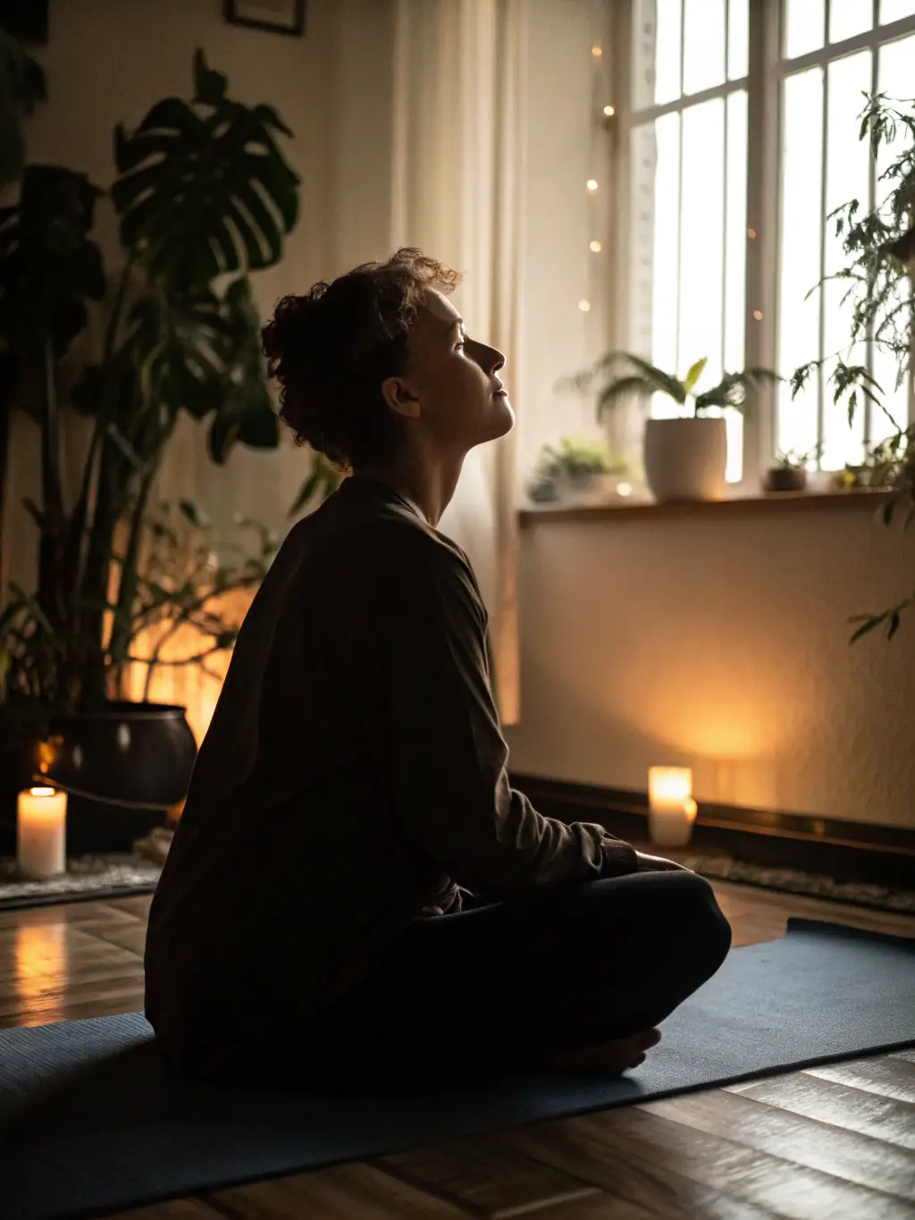 An image of a client in a relaxed pose during a private yoga session, highlighting the personalized attention and customized approach.