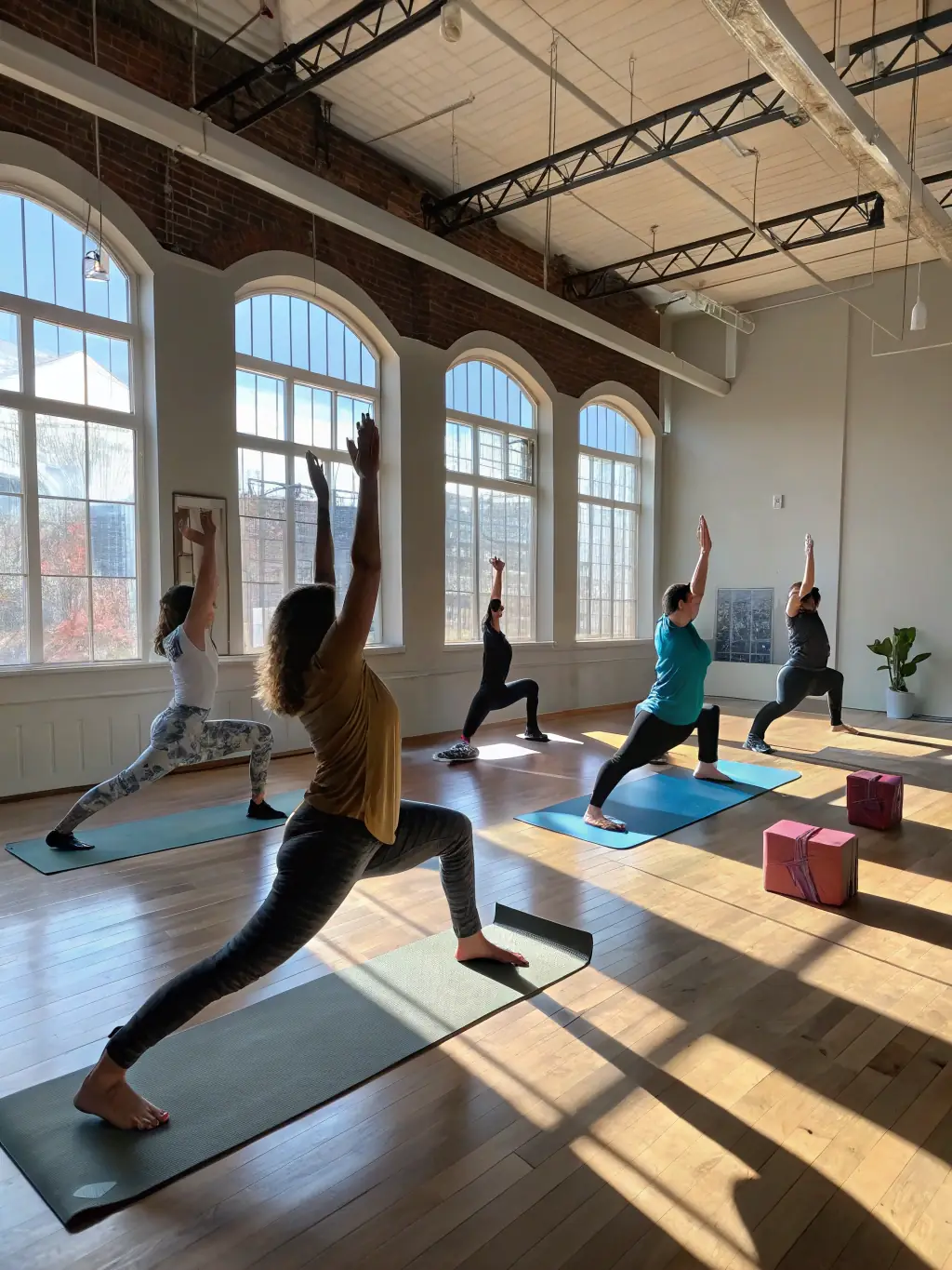 An energizing image of a group Thai Yoga class, with participants performing synchronized movements, highlighting the community aspect and the invigorating nature of the class.